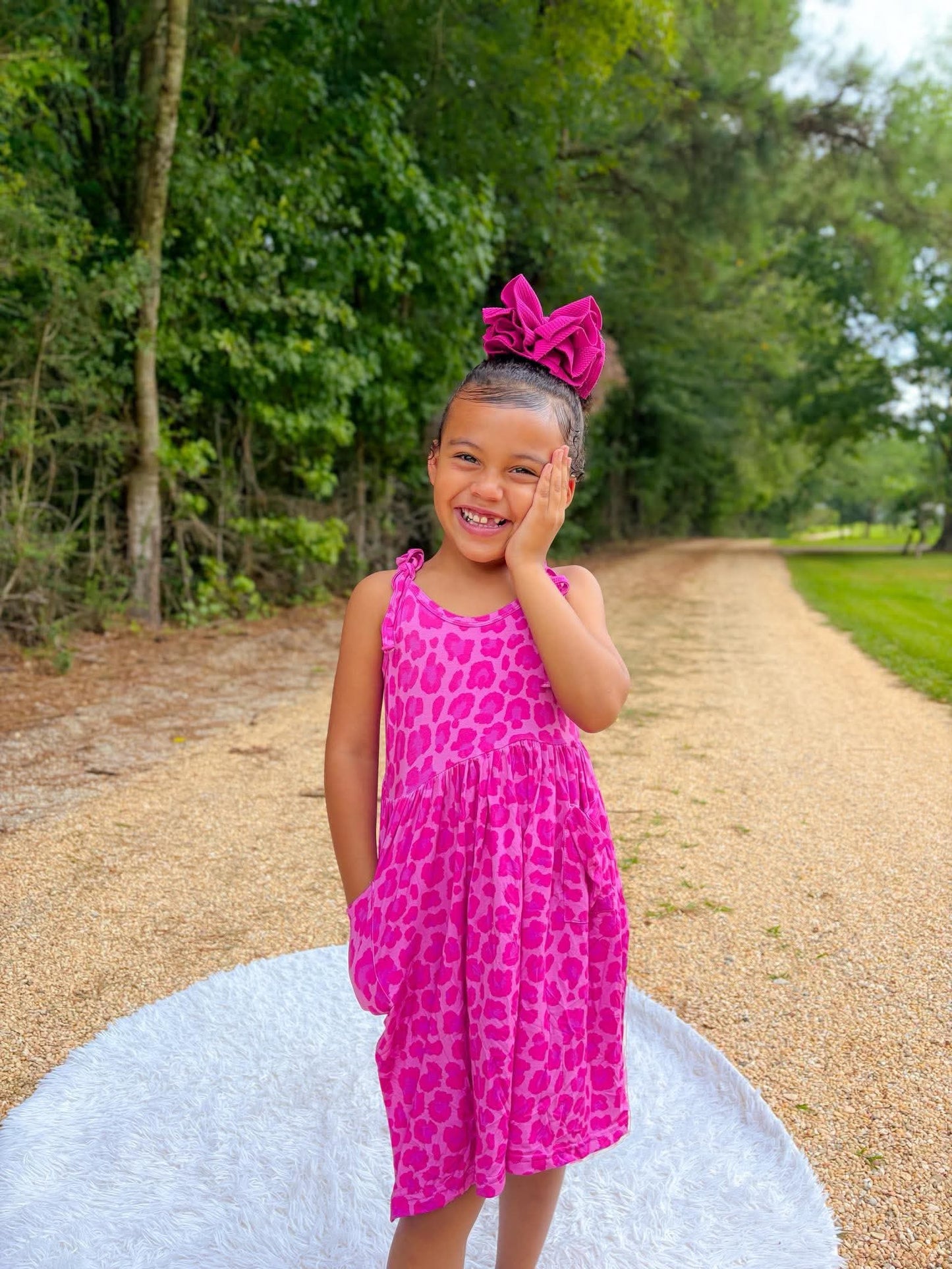 Pink leopard bamboo tie dress with pockets