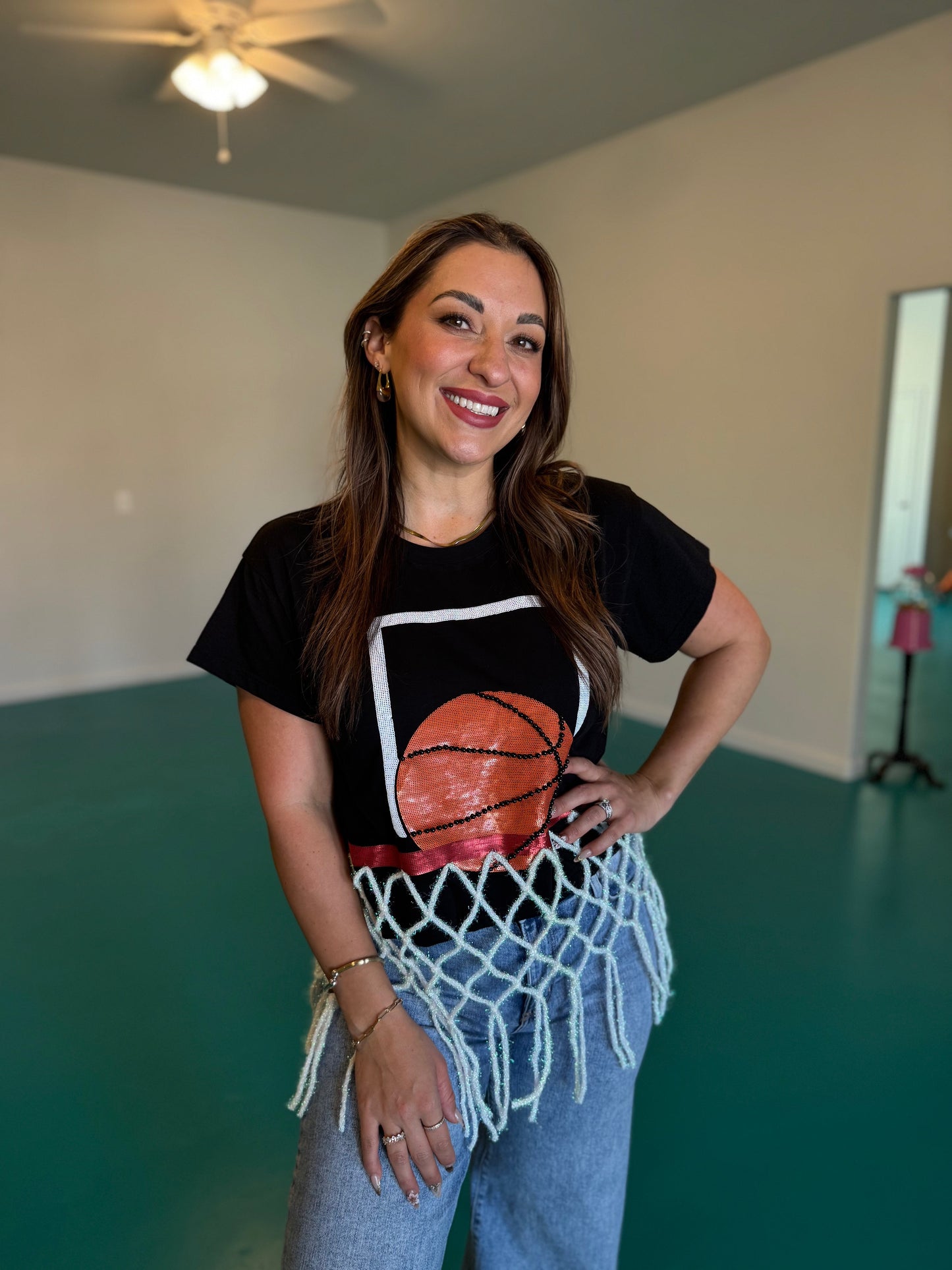 Queen of Sparkles Black Basketball Net Tee