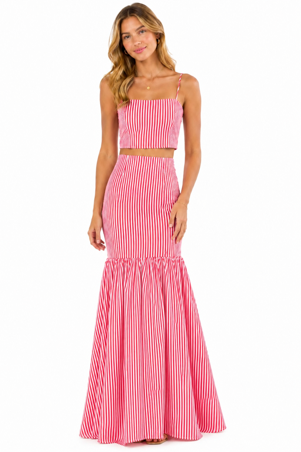 Women's Striped Maxi Skirt Set - Red and White