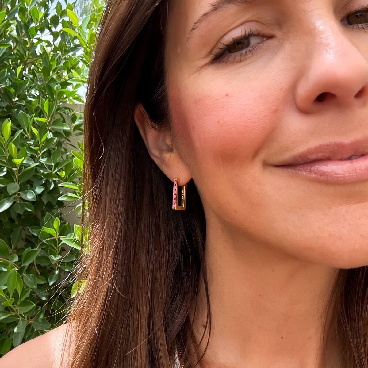 Rounded Stone Rectangle Huggie Hoop Earrings