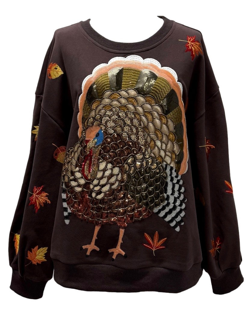 Queen of Sparkles Brown Sequin Turkey & Fall Leaves Thanksgiving Sweatshirt