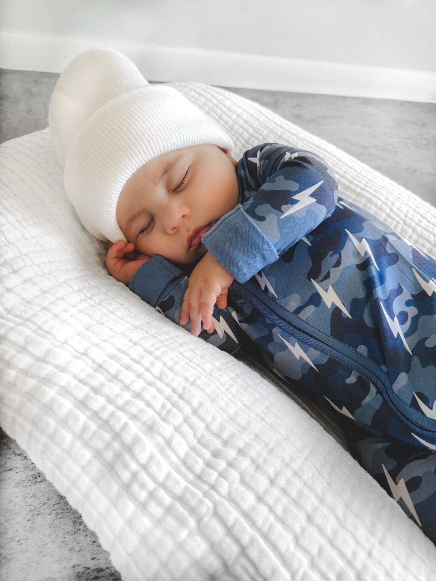 Bamboo Zip Romper | Blue Camo Bolts