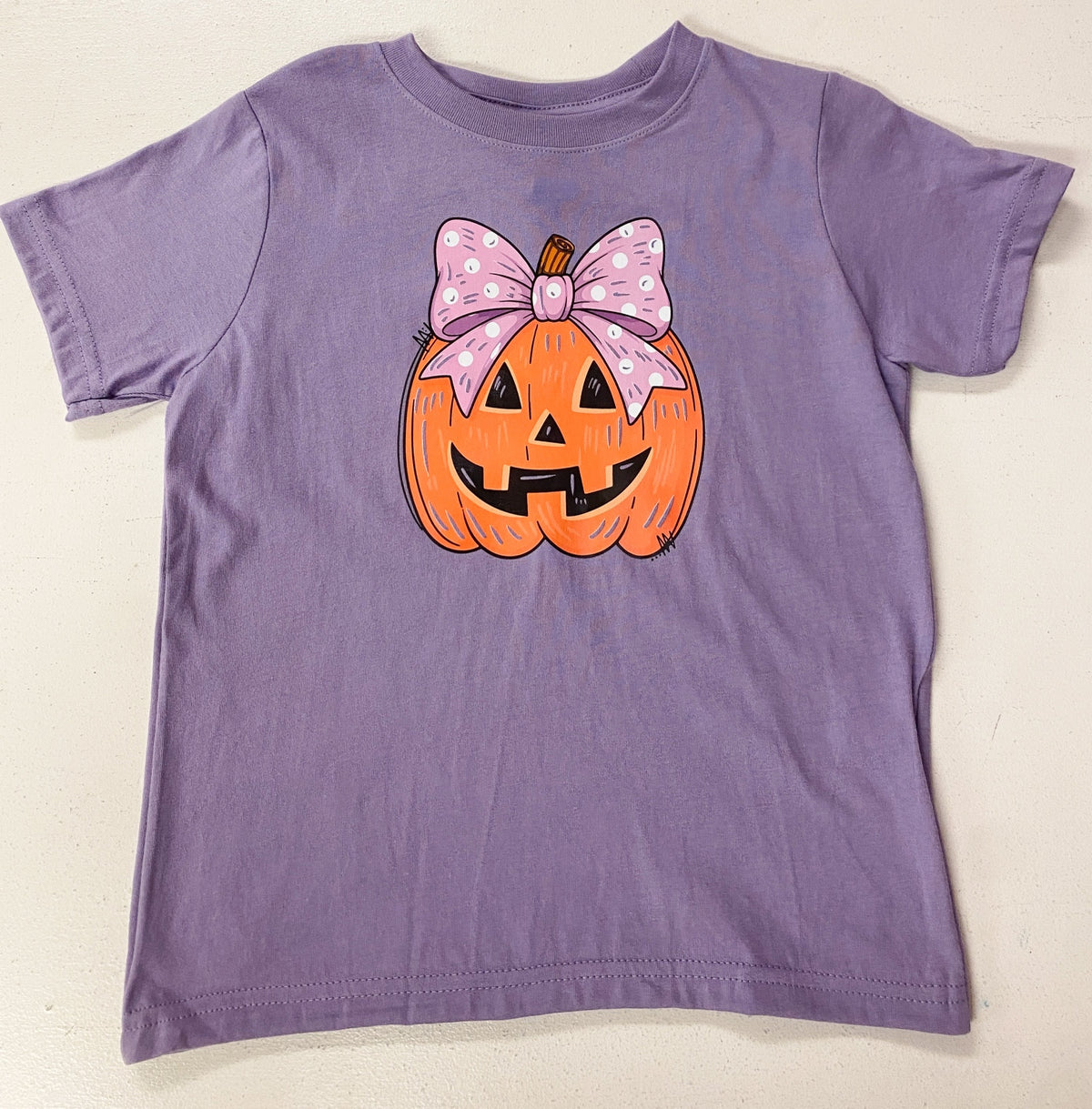 Girls Pink Bow Jack-O’-Lantern Halloween T-Shirt – Purple