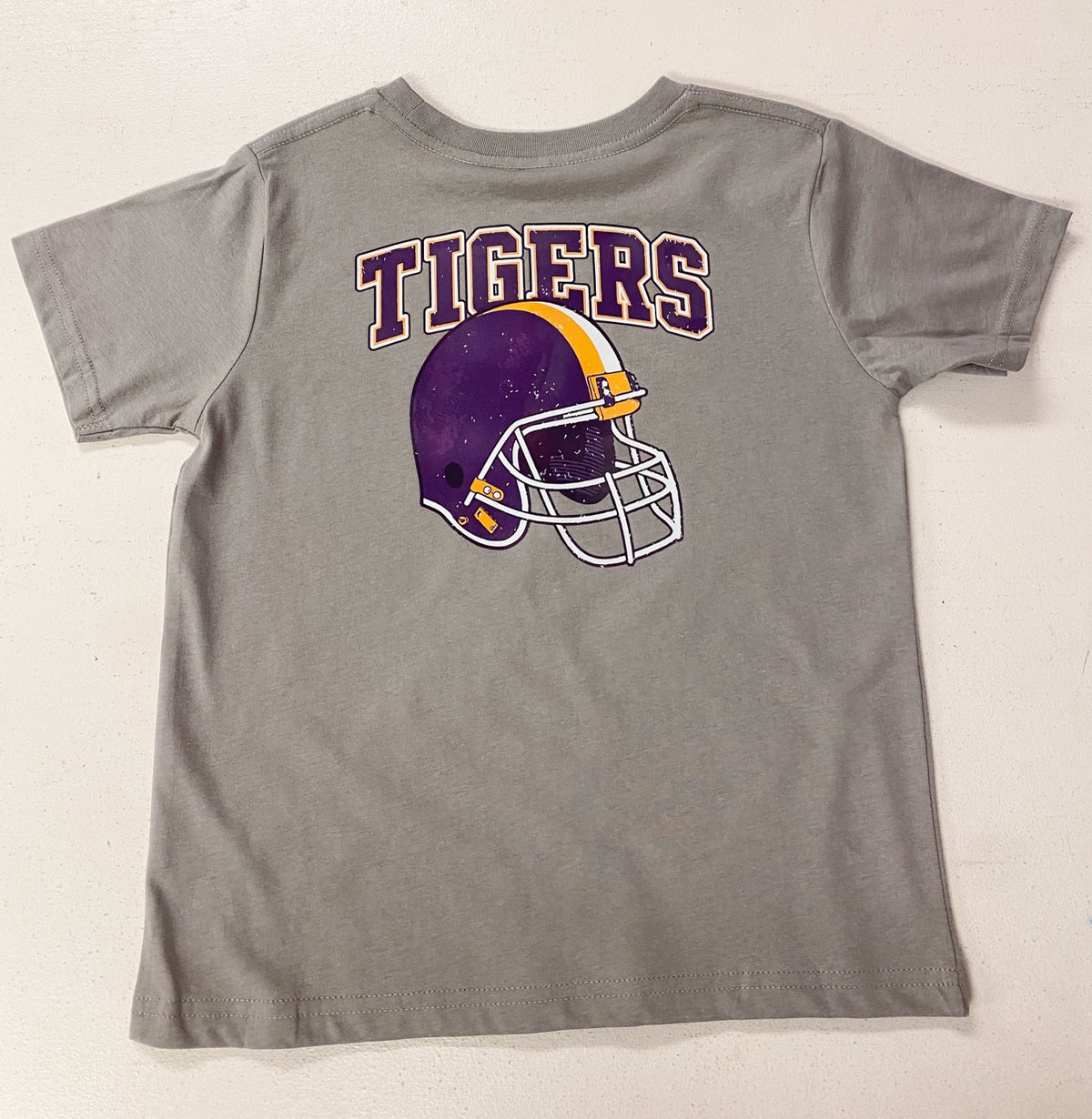 Boys LSU Tigers Football Helmet Gameday T-Shirt – Grey Purple & Gold
