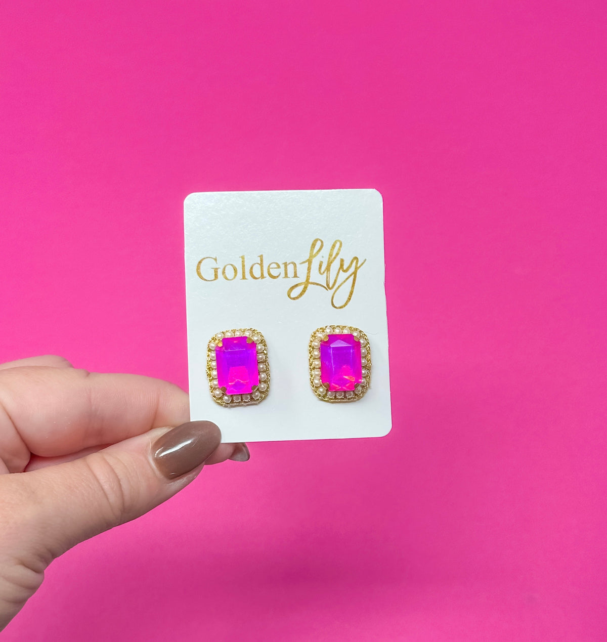 Statement Stud with Pearls Earrings - Hot Pink