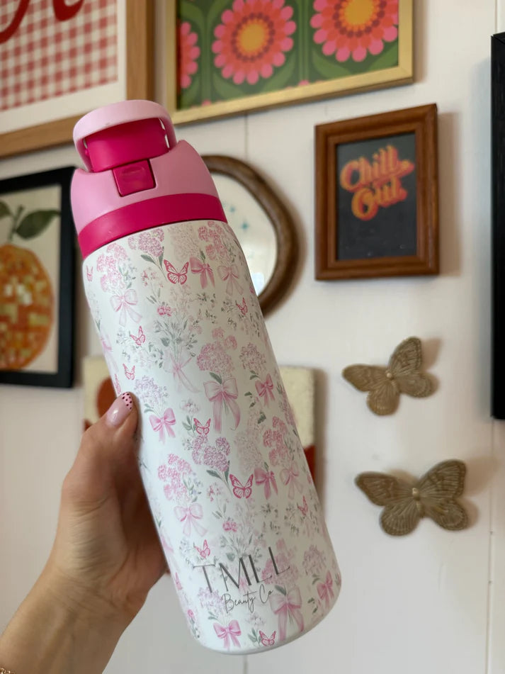 32 oz Insulated Stainless Steel Water Bottle with Flip Straw Lid | Floral & Bow Designs | Leak-Resistant | The Prissy Pelican Boutique | Bossier City, LA