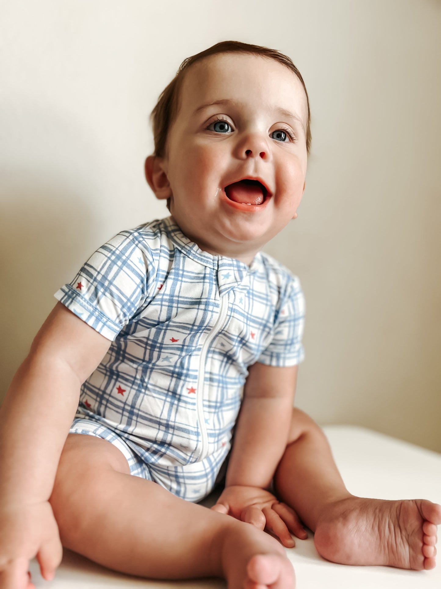 Red White & Blue Stars Gingham Bamboo Shorty Romper