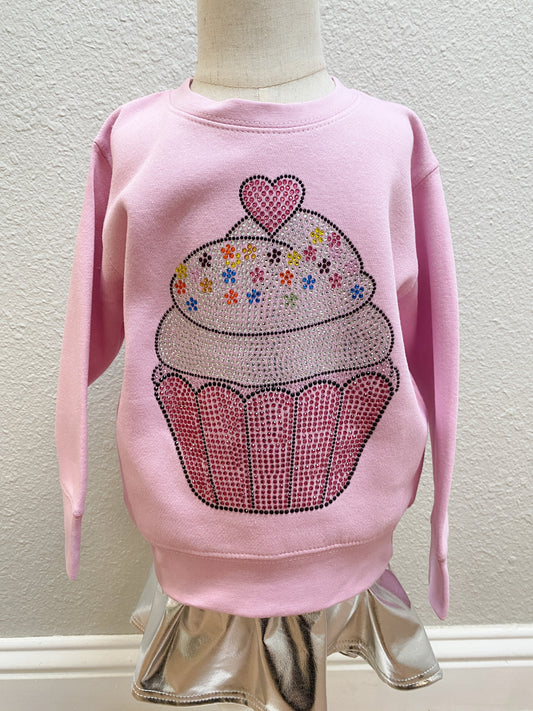 Pink Rhinestone Cupcake Sweatshirt – Girls Glitter Pullover