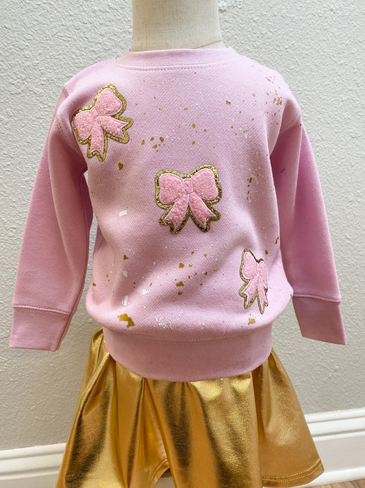 Pink Bow Appliqué Sweatshirt with Gold Splatter – Girls Boutique Pullover