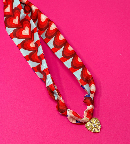 Scarf Charm Necklace - Red and Blue Heart Print with Small Rhinestone Heart Pendant
