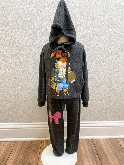 Girls Charcoal Teddy Bear Hoodie & Bow Jogger Set