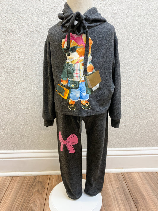 Girls Charcoal Teddy Bear Hoodie & Bow Jogger Set