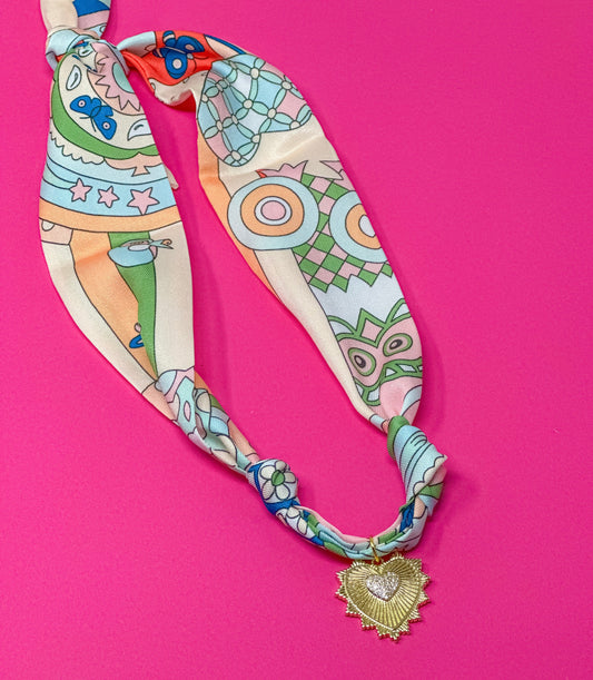 Scarf Charm Necklace - Coral and Mint Mix Print with Heart Rhinestone Pendant