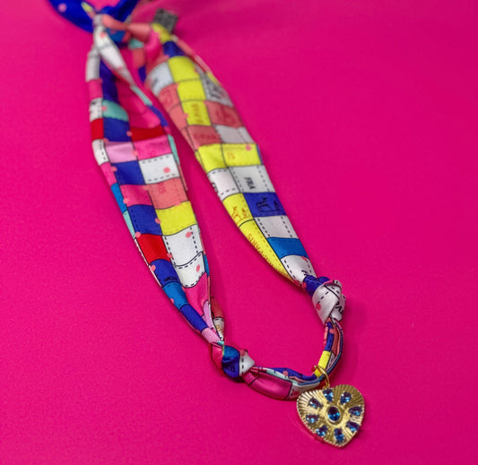 Scarf Charm Necklace - Multi Square with Blue Rhinestone Heart