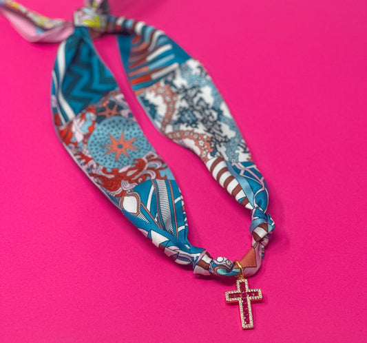 Scarf Charm Necklace - Blue, Purple and Mauve Print with Dark Pink Rhinestone Cross