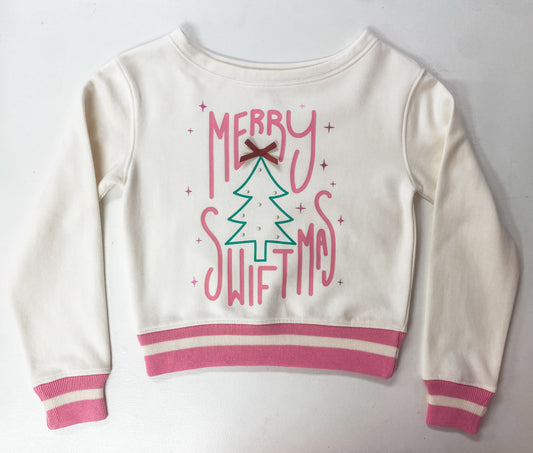 Merry Swiftmas Sweatshirt – Tween Girl Holiday Fleece with Pearls & Bow Appliqué