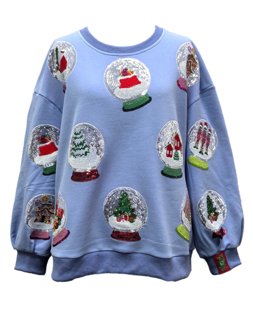 Queen of Sparkles Powder Blue Sequin Christmas Snow Globe Sweatshirt – Adult