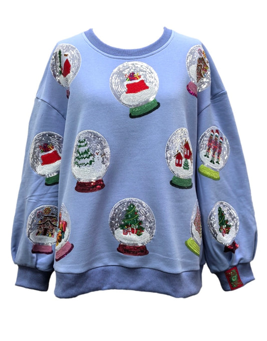 Queen of Sparkles Powder Blue Sequin Christmas Snow Globe Sweatshirt – Adult