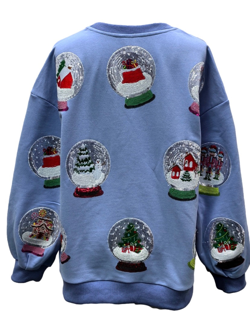 Queen of Sparkles Powder Blue Sequin Christmas Snow Globe Sweatshirt – Adult