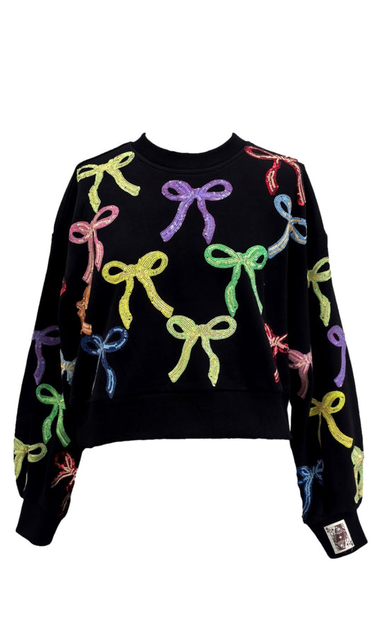 Queen of Sparkles Black Multi Bow Sweatshirt | Sequin Rainbow Bow Top | Kids