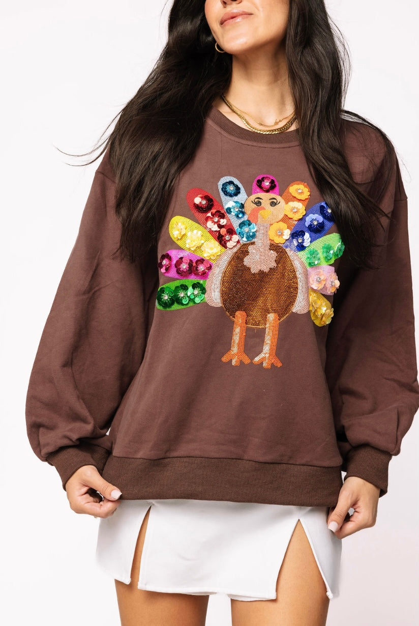Queen of Sparkles Brown Rainbow Flower Turkey Sweatshirt - Adult