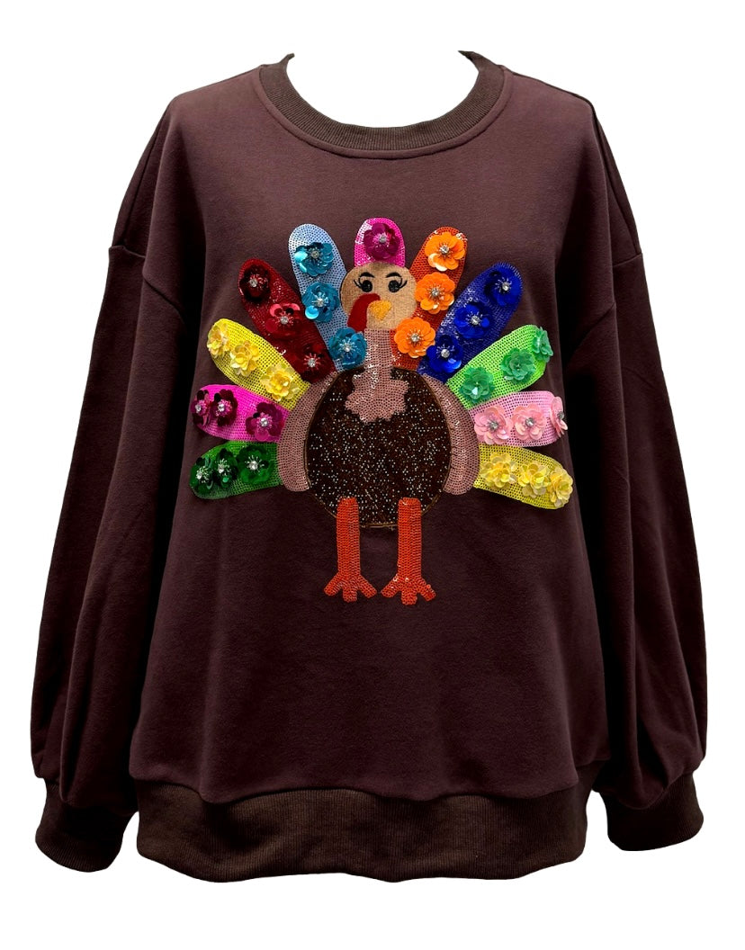 Queen of Sparkles Brown Rainbow Flower Turkey Sweatshirt - Adult
