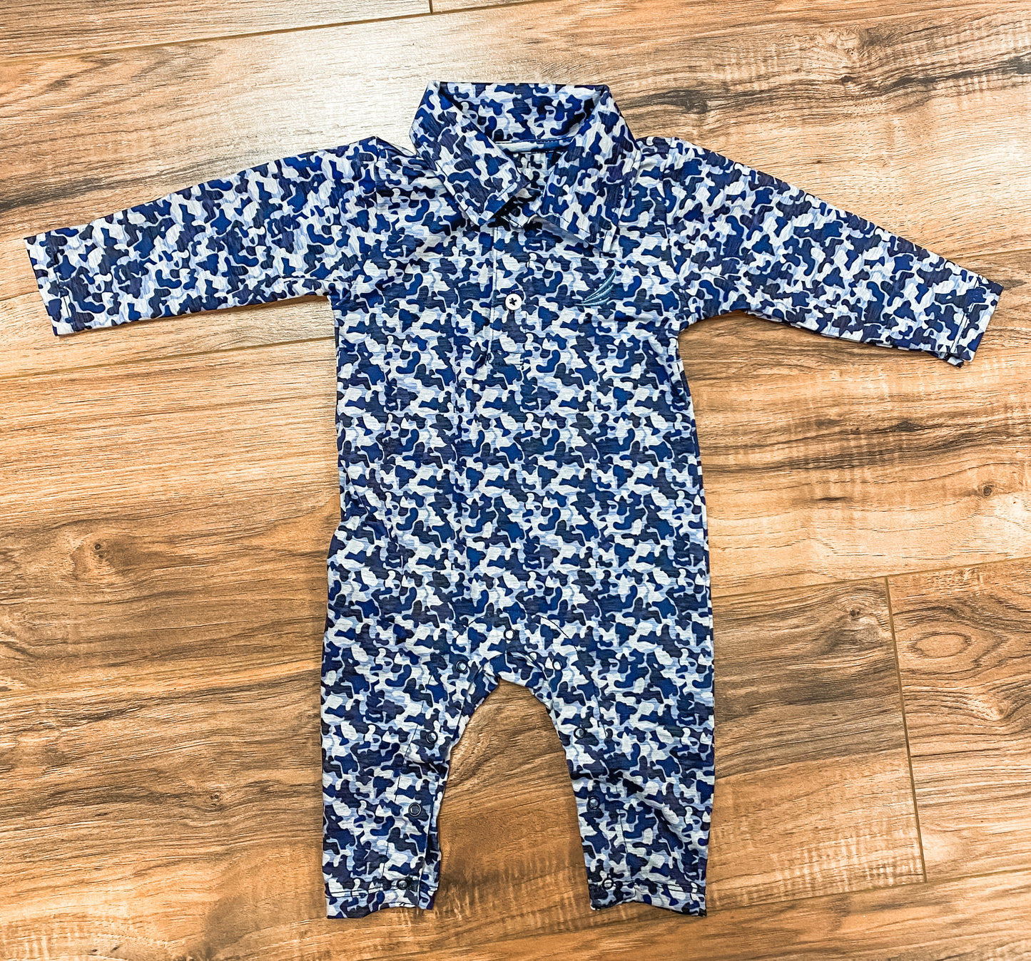 Performance Blue Camo Baby Romper – Long Sleeve Collared One-Piece