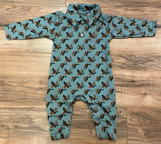 Performance Duck Print Baby Romper – Long Sleeve Collared One-Piece