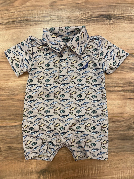 Performance Fish Print Baby Romper – Short Sleeve Collared One-Piece