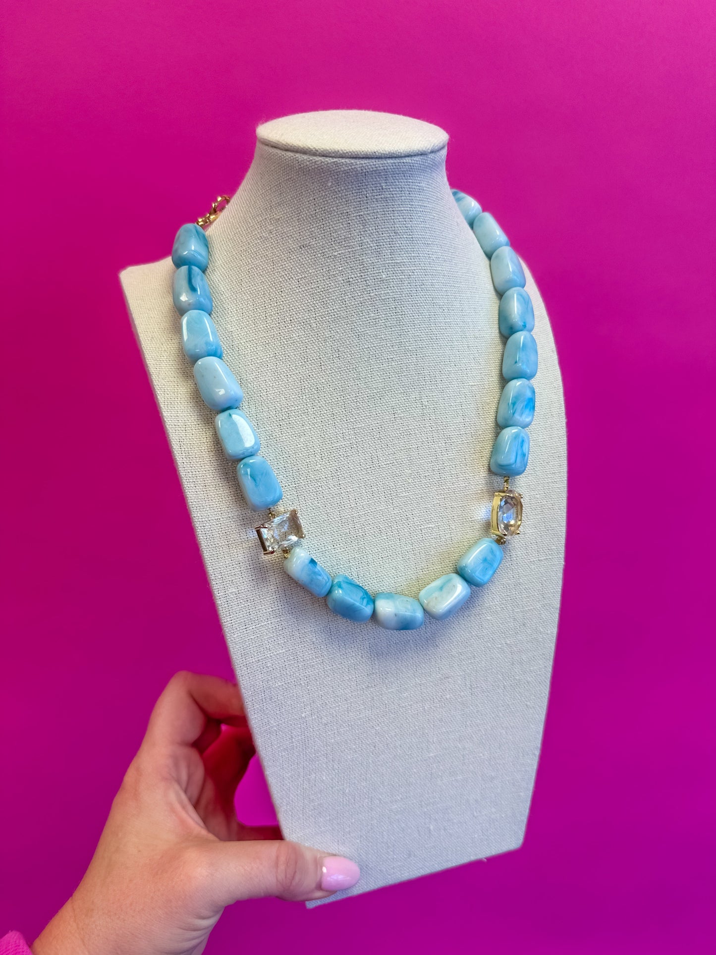 Chunky Bead with Rhinestone Necklace - Blue