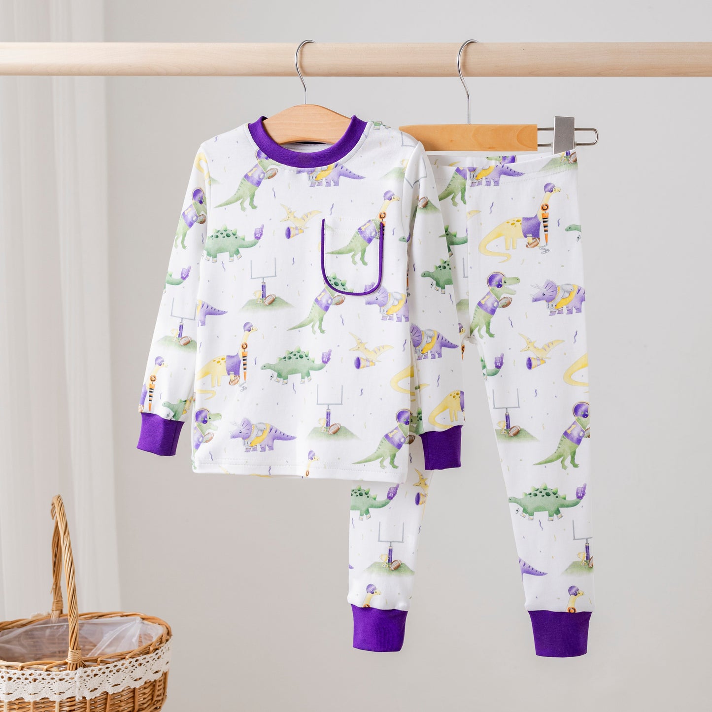 Purple and Gold Dinos All-Stars Organic Cotton Kids Pajamas