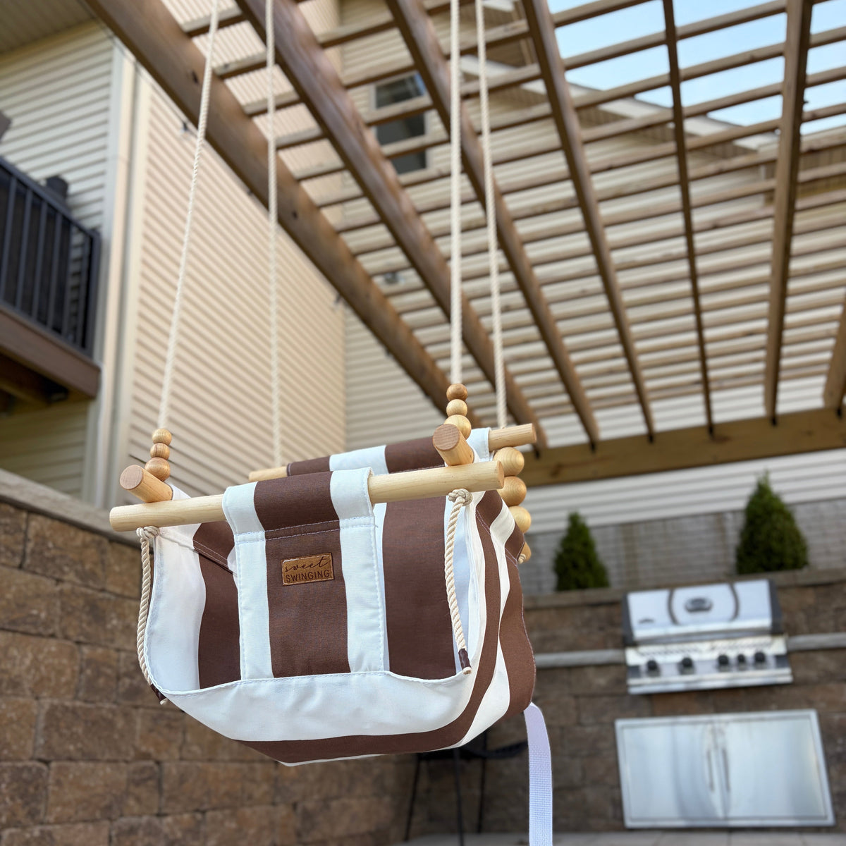 Outdoor High Back Baby & Toddler Swing-Wide Brown & White Stripe