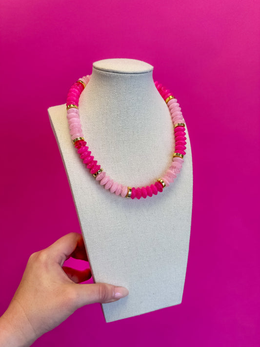 Colorful Chunky Bead with Gold Bead Necklace - Pink