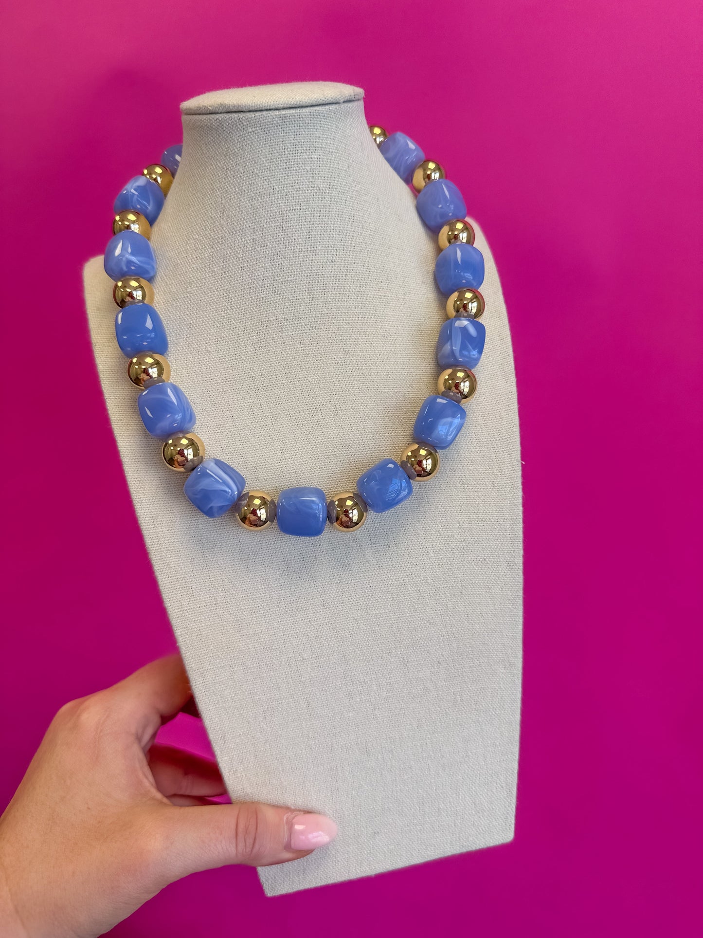 Statement Bead Necklace with Mix Gold Bead - Sky Blue