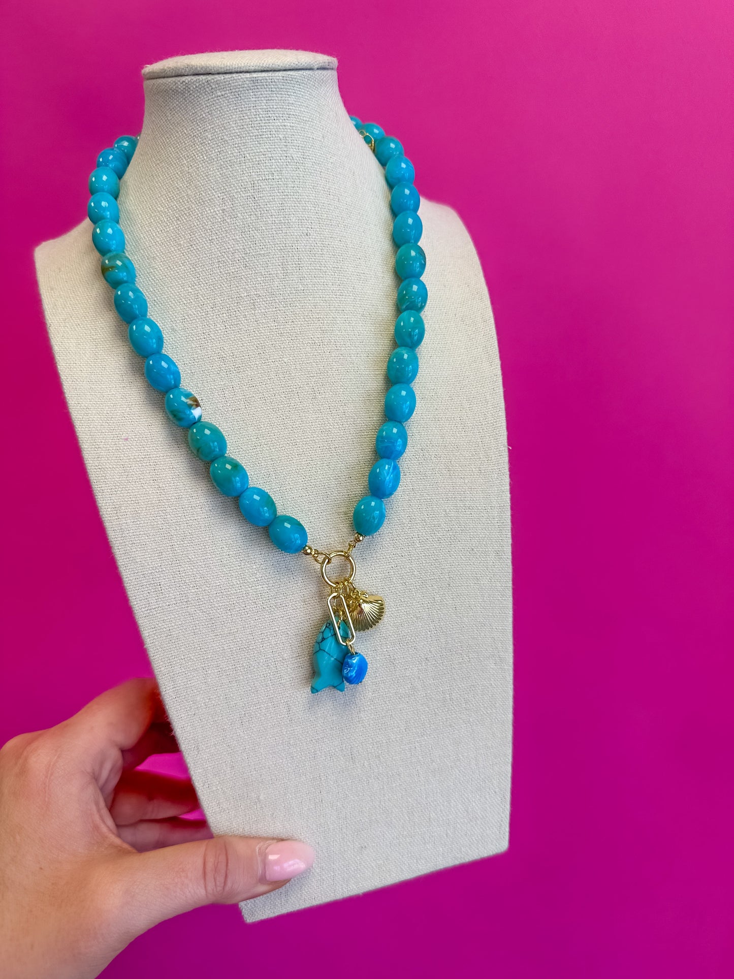 Fish Bead Charm Necklace - Turquoise