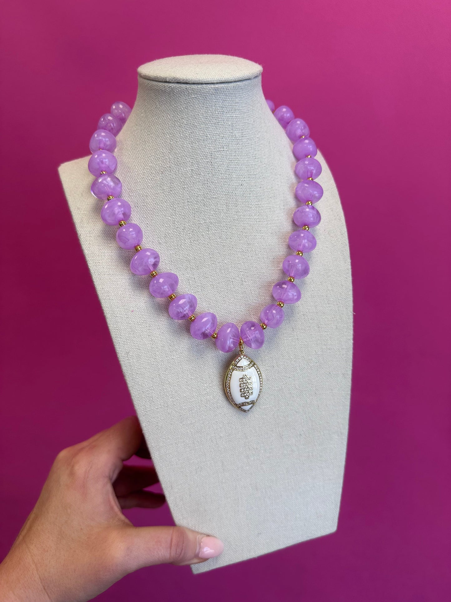 Game Day Football Charm Beaded Necklace - Lavender and White