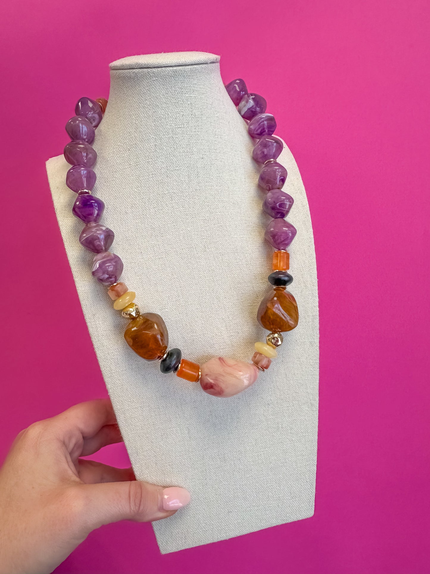 Chunky Mixed Marbled Resin Pebble Beaded Statement Necklace - Pink and Purple