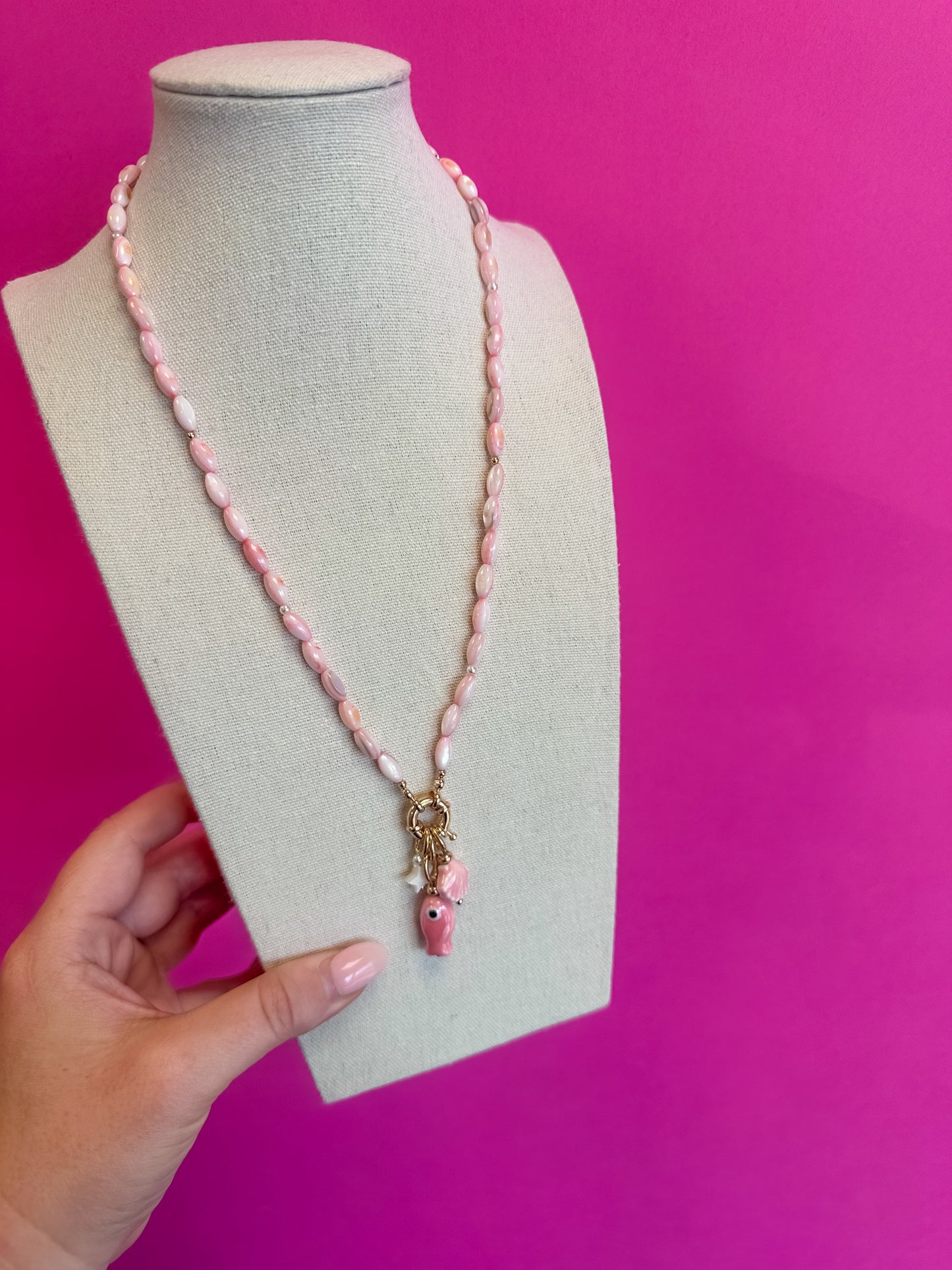 Fish Necklace with Dainty Bead - Pink
