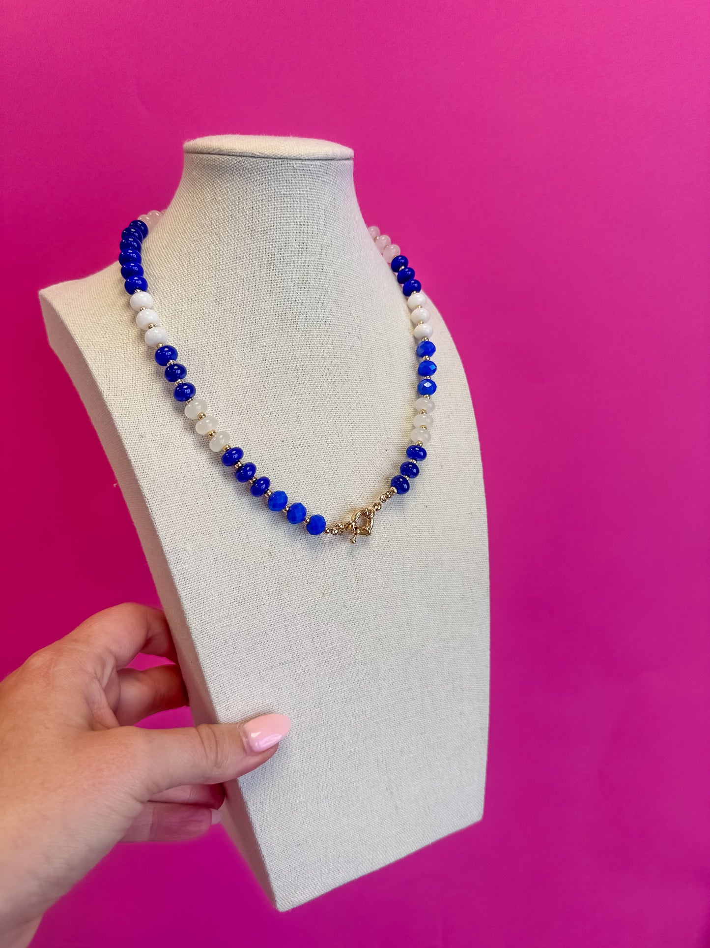 Game Day Small Bead Necklace - White and Blue