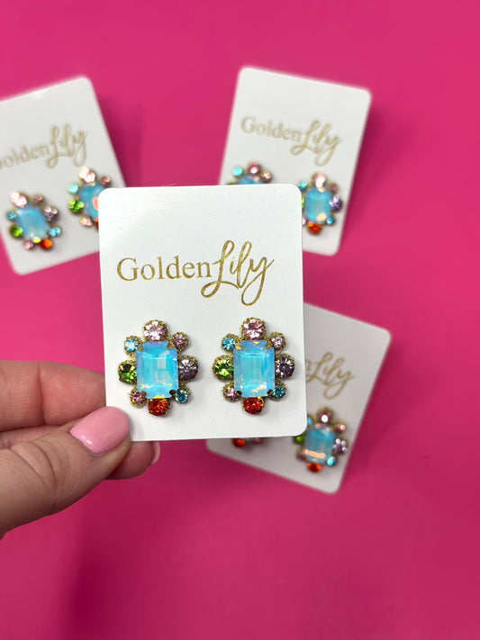Statement Stud Earrings - Iridescent Blue with Multi Stones