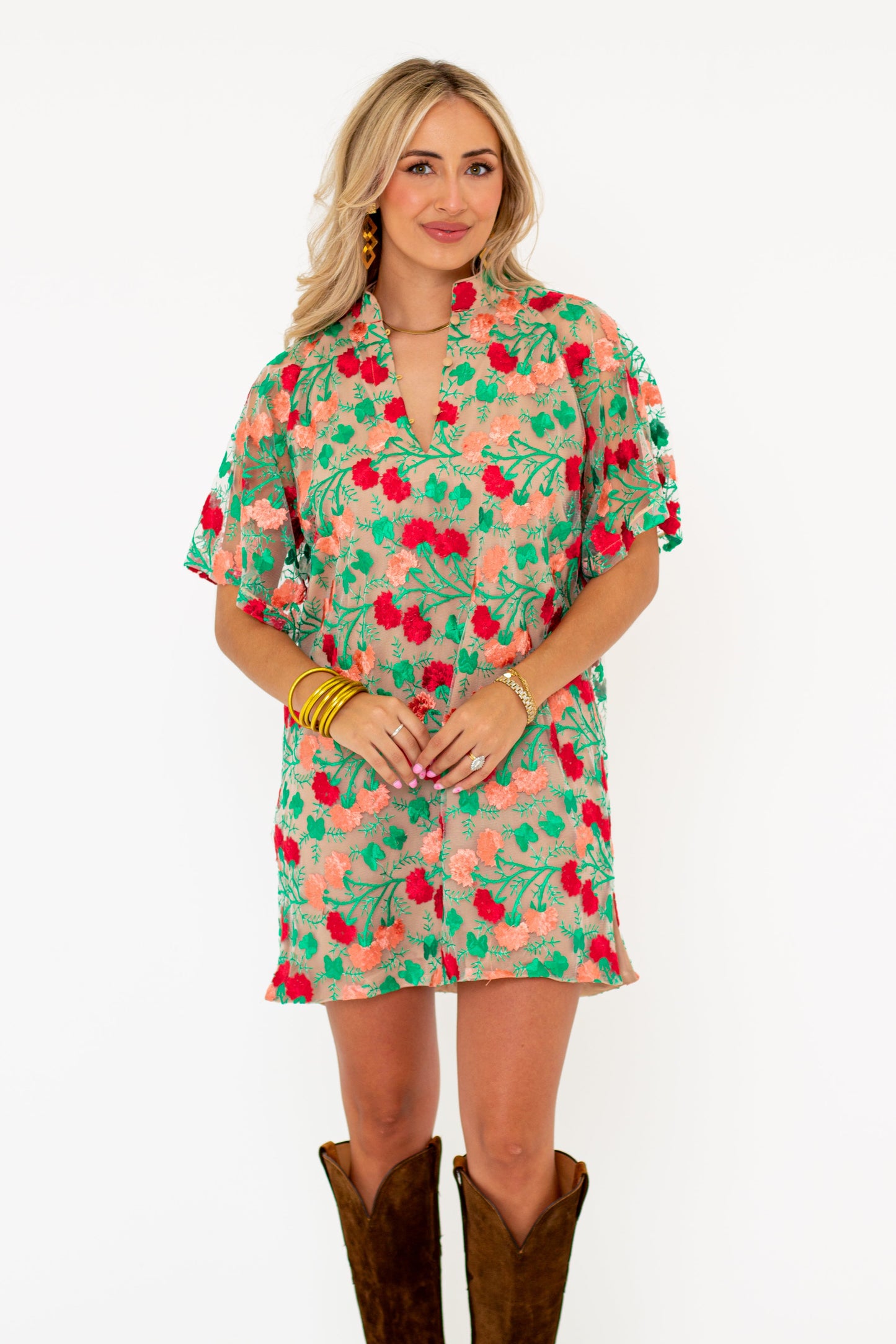 Lulu Short Sleeve Mini Caftan- Precious Coral