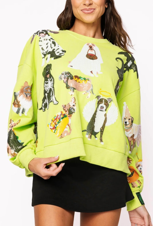 Queen of Sparkles Halloween Dogs Sequin Sweatshirt – Lime Green