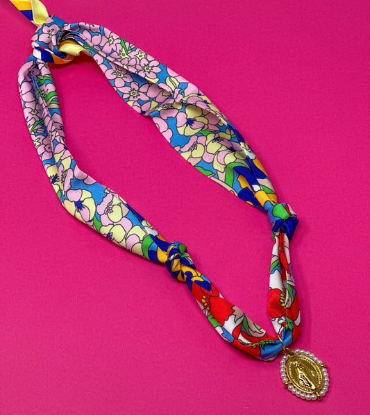Scarf Charm Necklace - Blue Multi Flower with Mary Pendant with Pearls