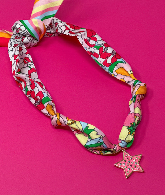 Scarf Charm Necklace - Pink Multi Flowers with Pink Star