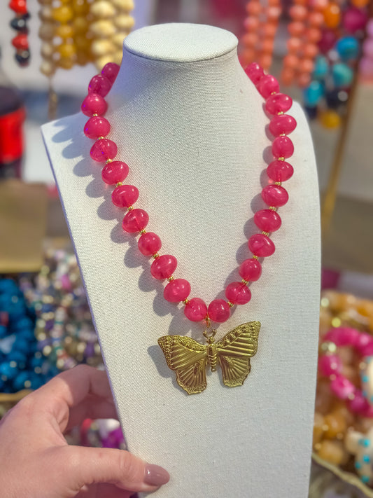 Beaded Charm Necklace - Pink with Butterfly
