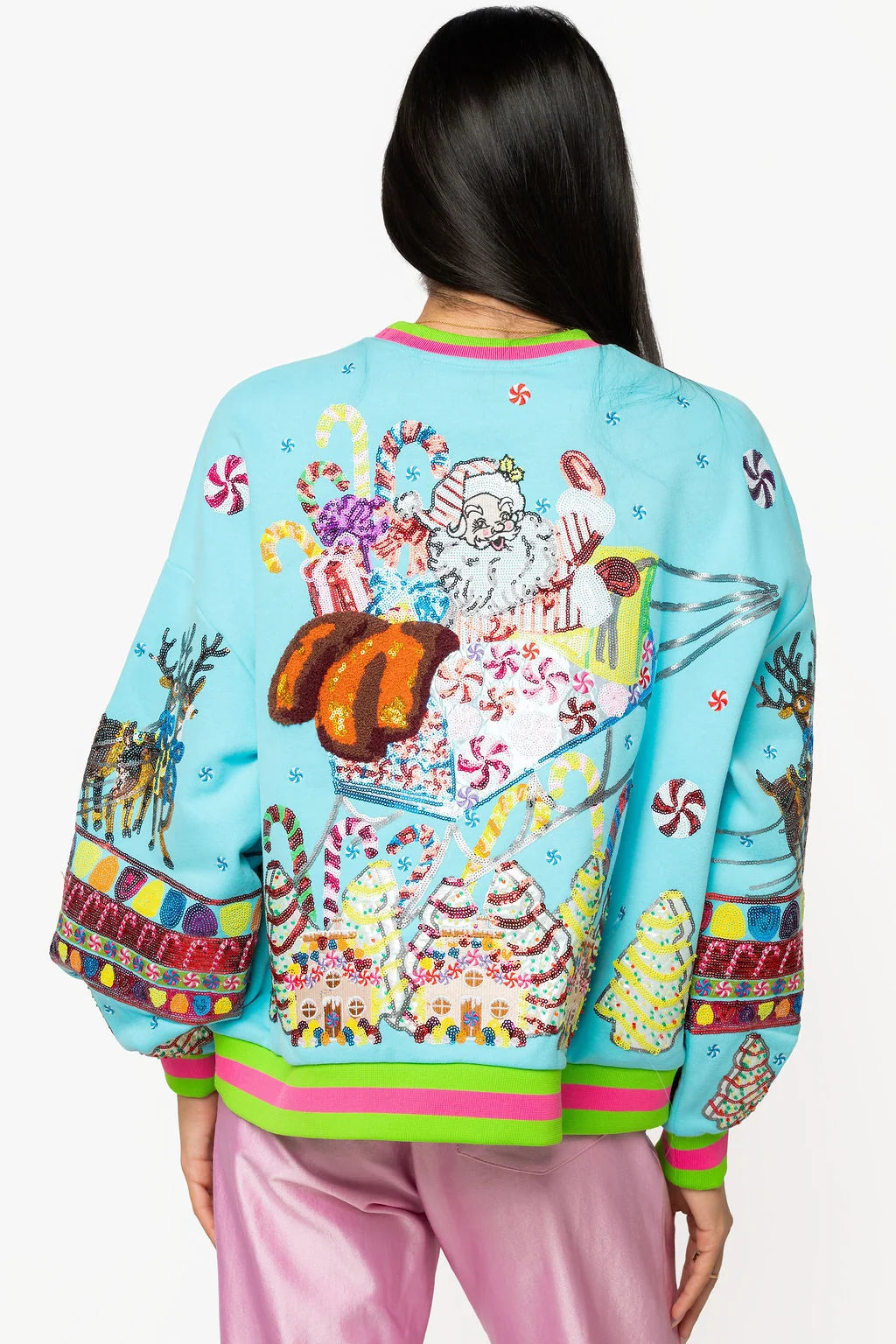 Queen of Sparkles Aqua Vintage Santa Gingerbread House Sweatshirt