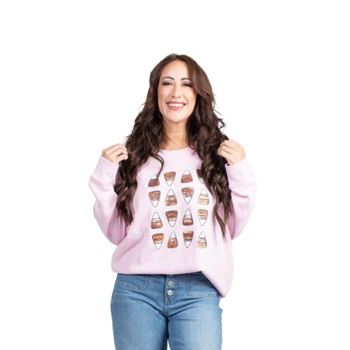 Sparkle Candy Corn Bashful Pink Crew Neck Sweatshirt – Women’s Fall Graphic