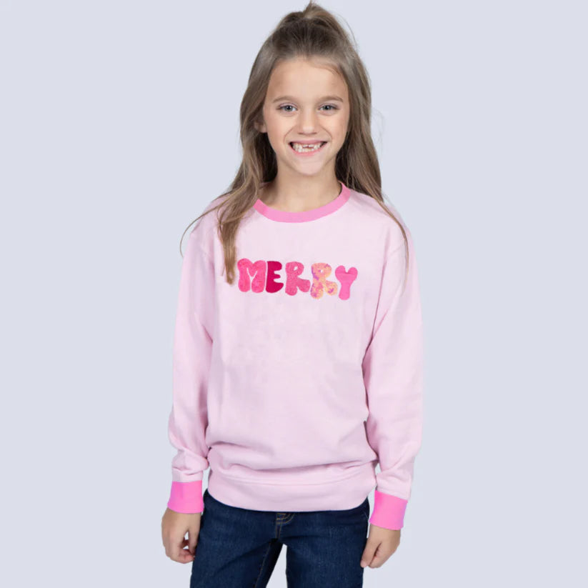 Kids “Merry” Pink Sweatshirt – Festive Holiday Crewneck