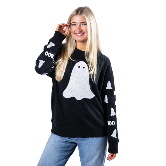 Boo Sequin Ghost Halloween Crew Neck Sweatshirt – Black