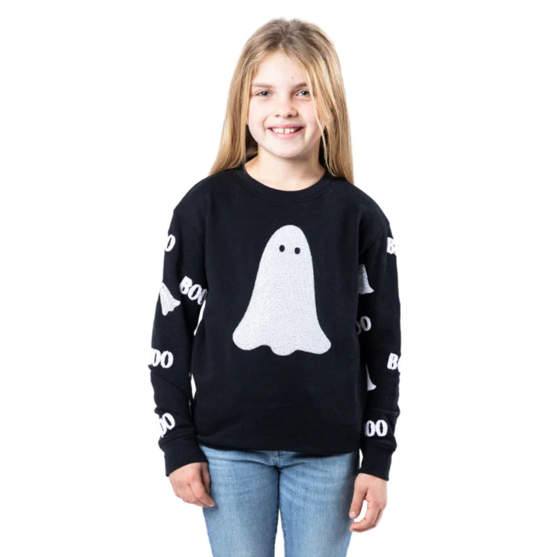Girls Boo Sequin Ghost Halloween Crew Neck Sweatshirt – Black